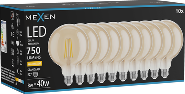 Mexen Vintis 10x LED-Filamentlampe E27, G125, 8W, Warm - 2700K, 750 lm, amber - L158-E27-0827-50x10