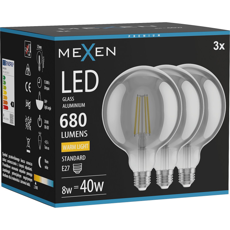 Mexen Vintis 3x LED-Filament-Glühbirne E27, G125, 8W, Warm - 2700K, 680 lm, smoke - L158-E27-0827-70x03