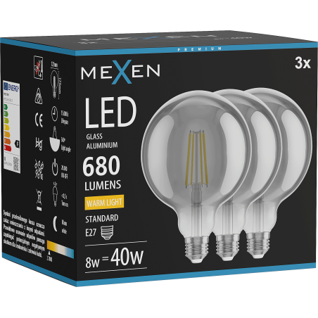 Mexen Vintis 3x LED-Filament-Glühbirne E27, G125, 8W, Warm - 2700K, 680 lm, smoke - L158-E27-0827-70x03
