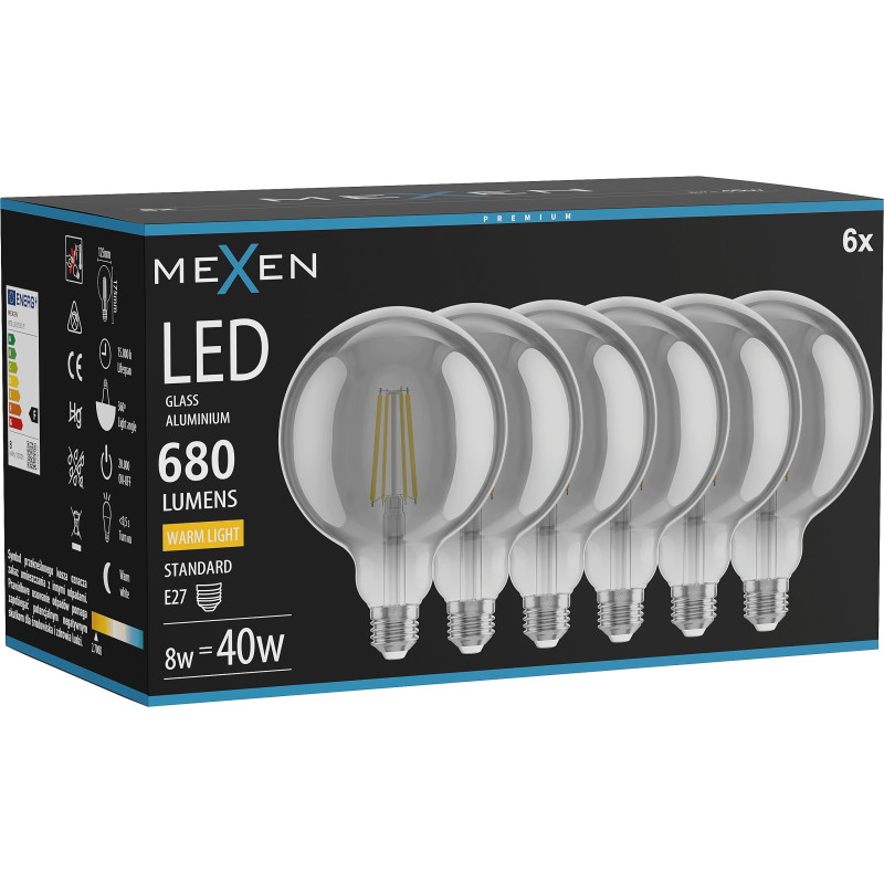Mexen Vintis 6x LED-Filamentlampe E27, G125, 8W, Warm - 2700K, 680 lm, Rauchglas - L158-E27-0827-70x06