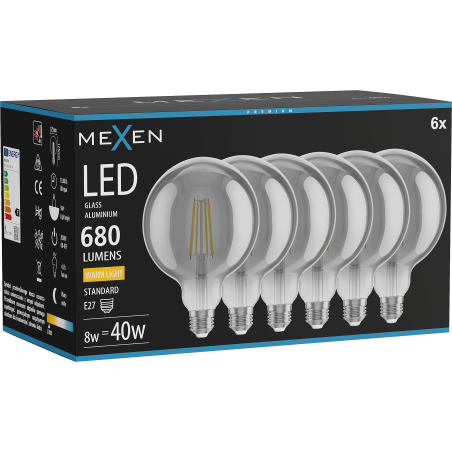 Mexen Vintis 6x LED-Filamentlampe E27, G125, 8W, Warm - 2700K, 680 lm, Rauchglas - L158-E27-0827-70x06