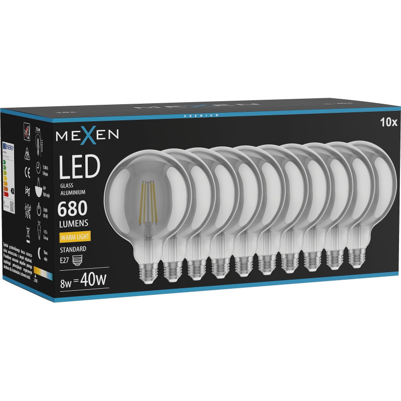 Mexen Vintis 10x LED-Filament-Glühbirne E27, G125, 8W, Warm - 2700K, 680 lm, Rauch - L158-E27-0827-70x10