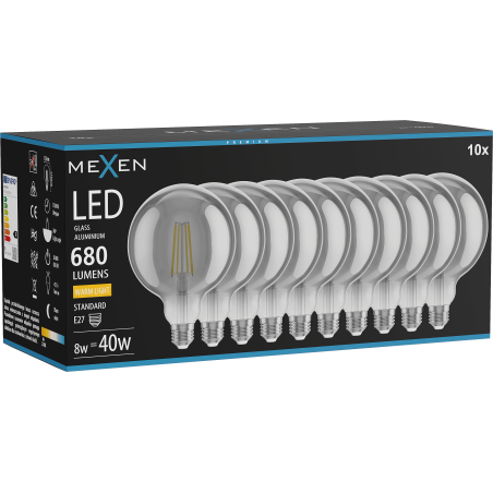 Mexen Vintis 10x LED-Filament-Glühbirne E27, G125, 8W, Warm - 2700K, 680 lm, Rauch - L158-E27-0827-70x10