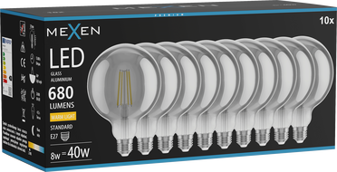 Mexen Vintis 10x LED-Filament-Glühbirne E27, G125, 8W, Warm - 2700K, 680 lm, Rauch - L158-E27-0827-70x10