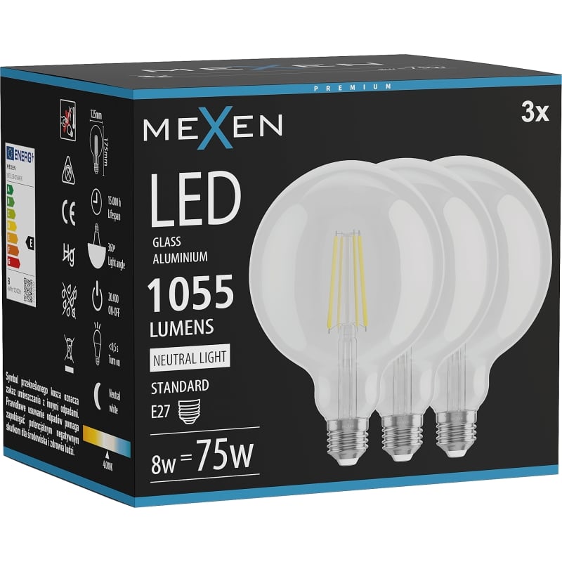 Mexen Vintis 3x LED-Filamentlampe E27, G125, 8W, Neutral - 4000K, 1055 lm, klar - L158-E27-0840-00x03