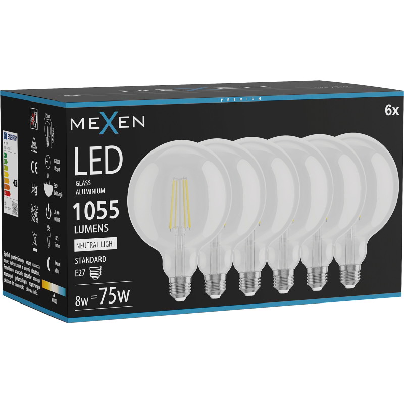 Mexen Vintis 6x LED-Filament-Glühbirne E27, G125, 8W, Neutral - 4000K, 1055 lm, klar - L158-E27-0840-00x06