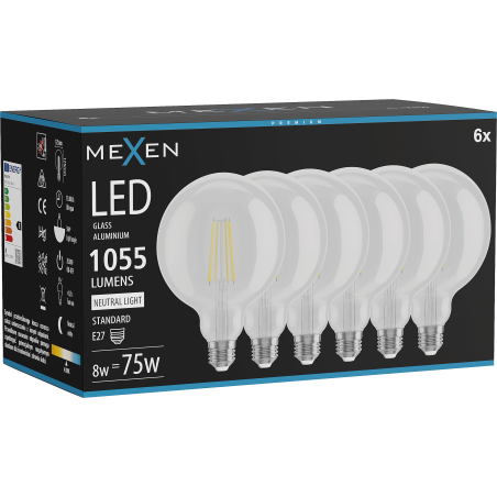Mexen Vintis 6x LED-Filament-Glühbirne E27, G125, 8W, Neutral - 4000K, 1055 lm, klar - L158-E27-0840-00x06