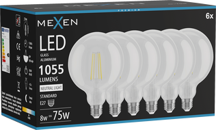 Mexen Vintis 6x LED-Filament-Glühbirne E27, G125, 8W, Neutral - 4000K, 1055 lm, klar - L158-E27-0840-00x06
