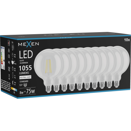 Mexen Vintis 10x LED-Filament-Glühlampe E27, G125, 8W, Neutral - 4000K, 1055 lm, klar - L158-E27-0840-00x10