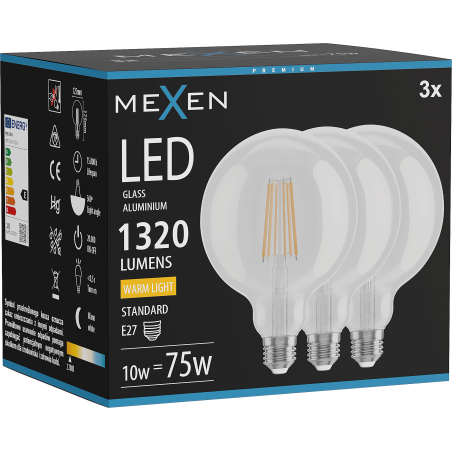 Mexen Vintis 3x LED-Filamentlampe E27, G125, 10W, Warm - 2700K, 1320 lm, klar - L158-E27-1027-00x03