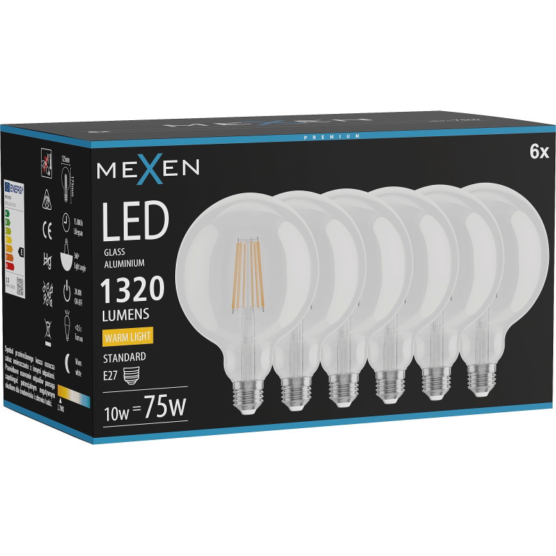 Mexen Vintis 6x LED-Filament-Glühbirne E27, G125, 10W, Warm - 2700K, 1320 lm, klar - L158-E27-1027-00x06
