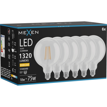 Mexen Vintis 6x LED-Filament-Glühbirne E27, G125, 10W, Warm - 2700K, 1320 lm, klar - L158-E27-1027-00x06