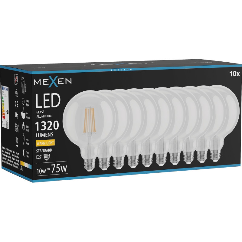 Mexen Vintis 10x LED-Filament-Glühlampe E27, G125, 10W, Warm - 2700K, 1320 lm, klar - L158-E27-1027-00x10