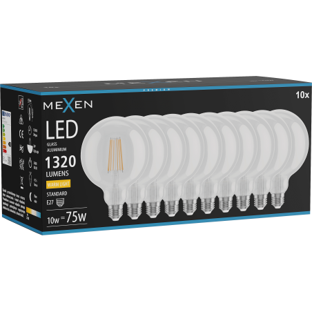 Mexen Vintis 10x LED-Filament-Glühlampe E27, G125, 10W, Warm - 2700K, 1320 lm, klar - L158-E27-1027-00x10