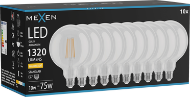 Mexen Vintis 10x LED-Filament-Glühlampe E27, G125, 10W, Warm - 2700K, 1320 lm, klar - L158-E27-1027-00x10