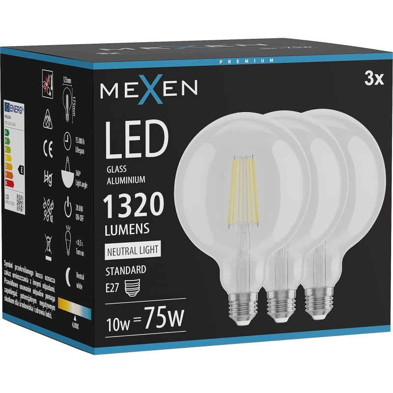 Mexen Vintis 3x LED-Filamentlampe E27, G125, 10W, Neutral - 4000K, 1320 lm, klar - L158-E27-1040-00x03