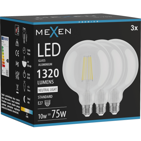 Mexen Vintis 3x LED-Filamentlampe E27, G125, 10W, Neutral - 4000K, 1320 lm, klar - L158-E27-1040-00x03