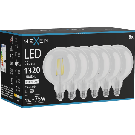 Mexen Vintis 6x LED-Filamentlampe E27, G125, 10W, Neutral - 4000K, 1320 lm, klar - L158-E27-1040-00x06
