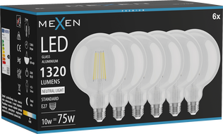 Mexen Vintis 6x LED-Filamentlampe E27, G125, 10W, Neutral - 4000K, 1320 lm, klar - L158-E27-1040-00x06
