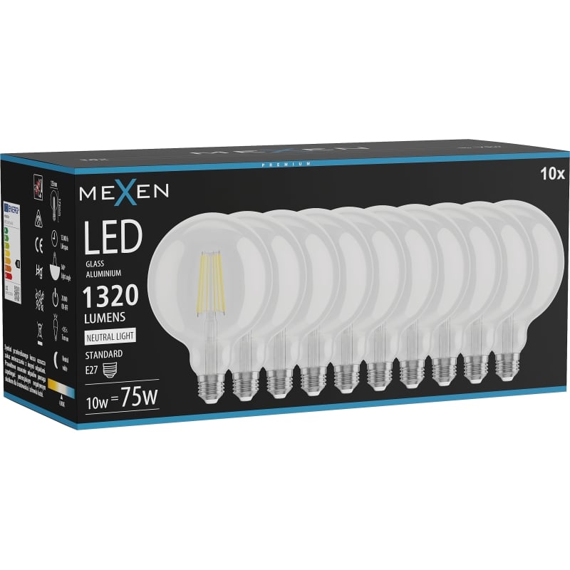 Mexen Vintis 10x LED-Filamentlampe E27, G125, 10W, Neutral - 4000K, 1320 lm, klar - L158-E27-1040-00x10