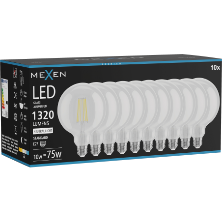 Mexen Vintis 10x LED-Filamentlampe E27, G125, 10W, Neutral - 4000K, 1320 lm, klar - L158-E27-1040-00x10