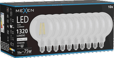 Mexen Vintis 10x LED-Filamentlampe E27, G125, 10W, Neutral - 4000K, 1320 lm, klar - L158-E27-1040-00x10