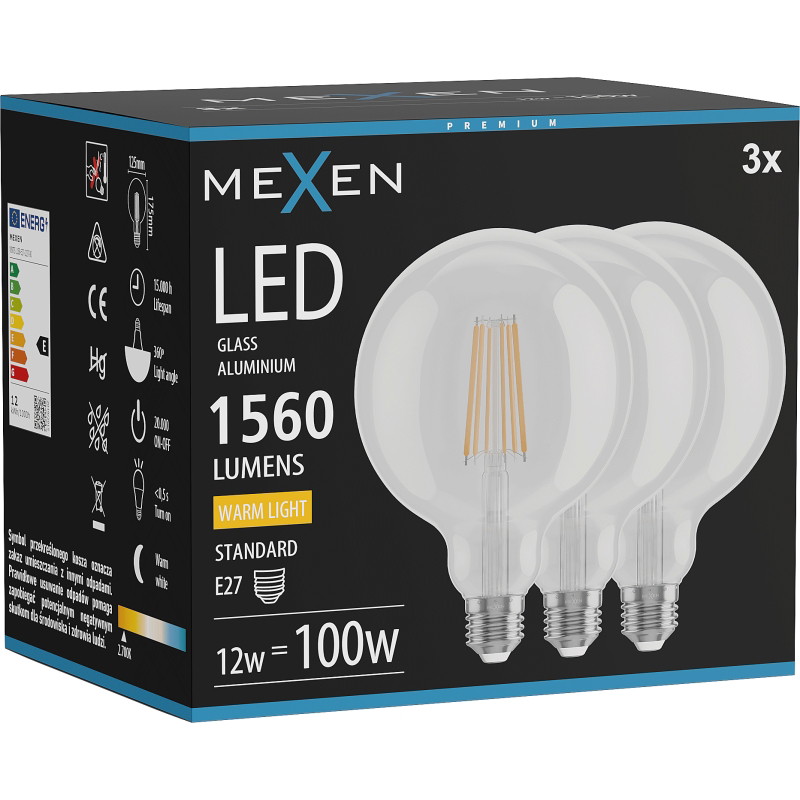 Mexen Vintis 3x LED-Filamentlampe E27, G125, 12W, Warm - 2700K, 1560 lm, klar - L158-E27-1227-00x03
