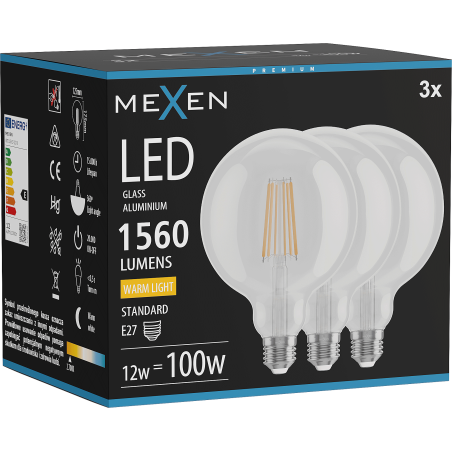 Mexen Vintis 3x LED-Filamentlampe E27, G125, 12W, Warm - 2700K, 1560 lm, klar - L158-E27-1227-00x03