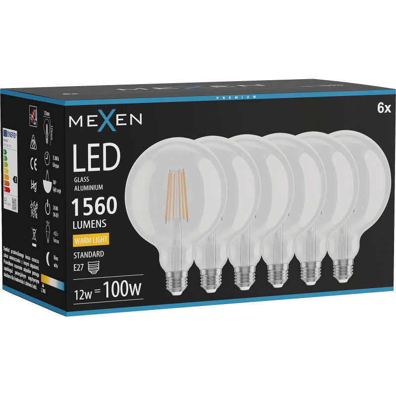 Mexen Vintis 6x LED-Filament-Glühbirne E27, G125, 12W, Warm - 2700K, 1560 lm, klar - L158-E27-1227-00x06