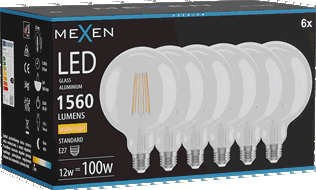 Mexen Vintis 6x LED-Filament-Glühbirne E27, G125, 12W, Warm - 2700K, 1560 lm, klar - L158-E27-1227-00x06