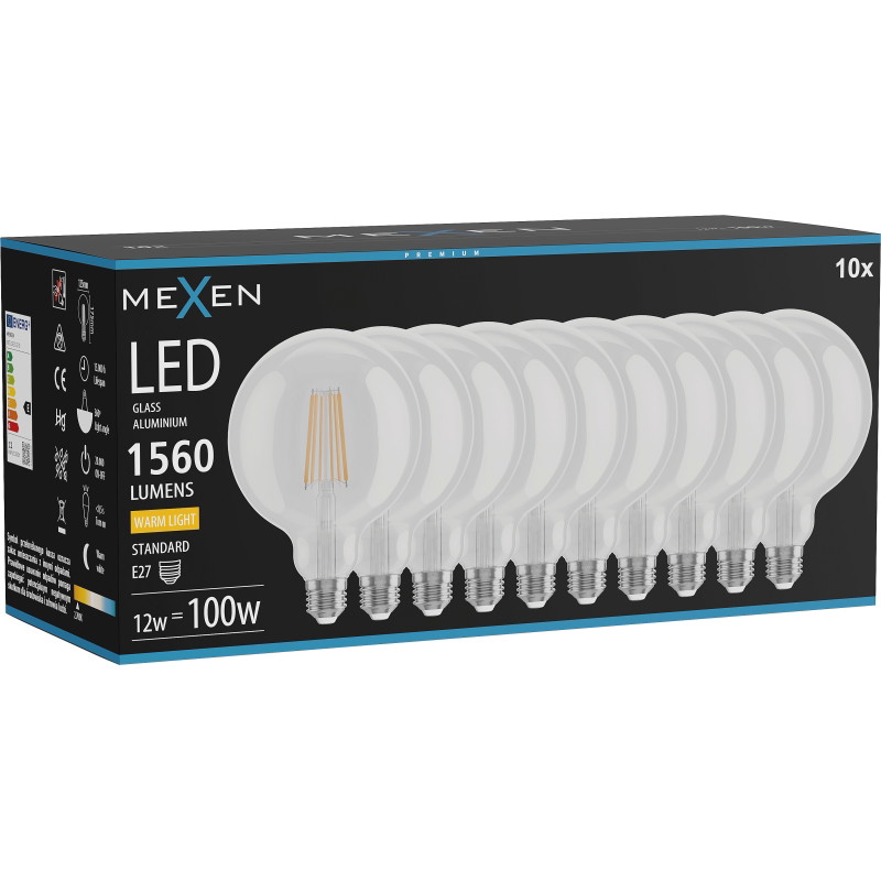 Mexen Vintis 10x LED-Filamentlampe E27, G125, 12W, Warm - 2700K, 1560 lm, klar - L158-E27-1227-00x10