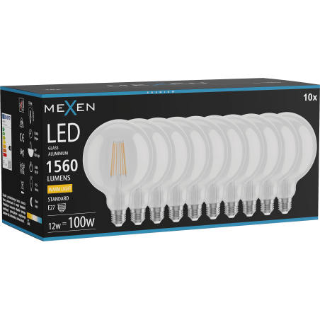 Mexen Vintis 10x LED-Filamentlampe E27, G125, 12W, Warm - 2700K, 1560 lm, klar - L158-E27-1227-00x10