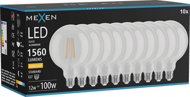 Mexen Vintis 10x LED-Filamentlampe E27, G125, 12W, Warm - 2700K, 1560 lm, klar - L158-E27-1227-00x10