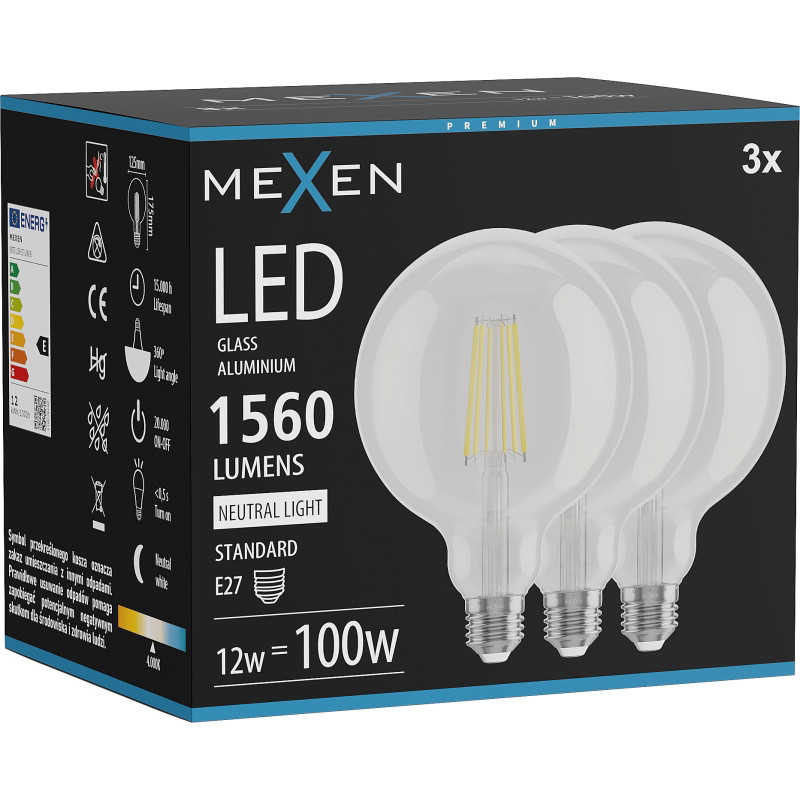 Mexen Vintis 3x Filament LED Glühbirne E27, G125, 12W, Neutral - 4000K, 1560 lm, klar - L158-E27-1240-00x03