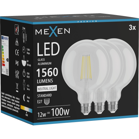 Mexen Vintis 3x Filament LED Glühbirne E27, G125, 12W, Neutral - 4000K, 1560 lm, klar - L158-E27-1240-00x03