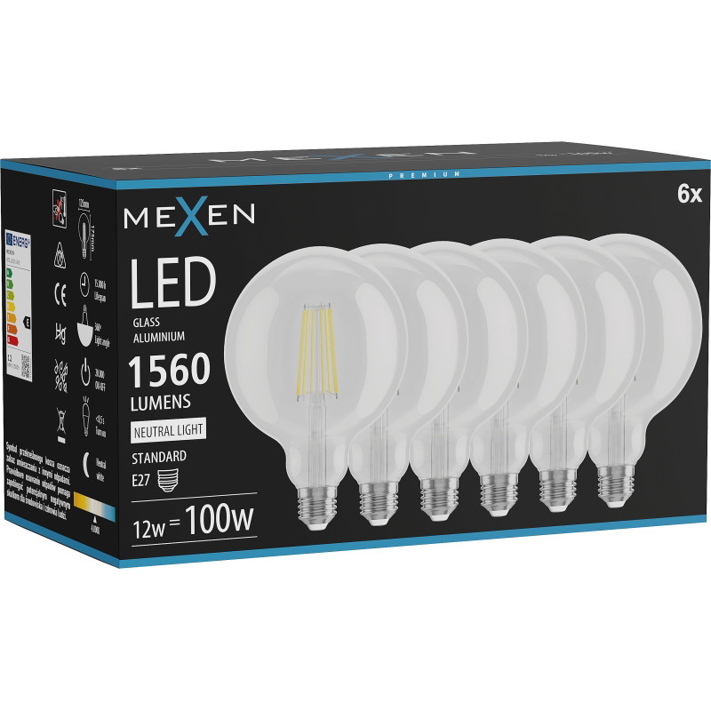 Mexen Vintis 6x Filament LED-Glühbirne E27, G125, 12W, Neutral - 4000K, 1560 lm, klar - L158-E27-1240-00x06