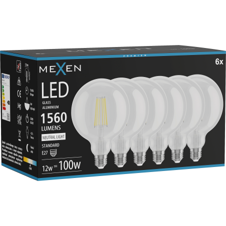 Mexen Vintis 6x Filament LED-Glühbirne E27, G125, 12W, Neutral - 4000K, 1560 lm, klar - L158-E27-1240-00x06