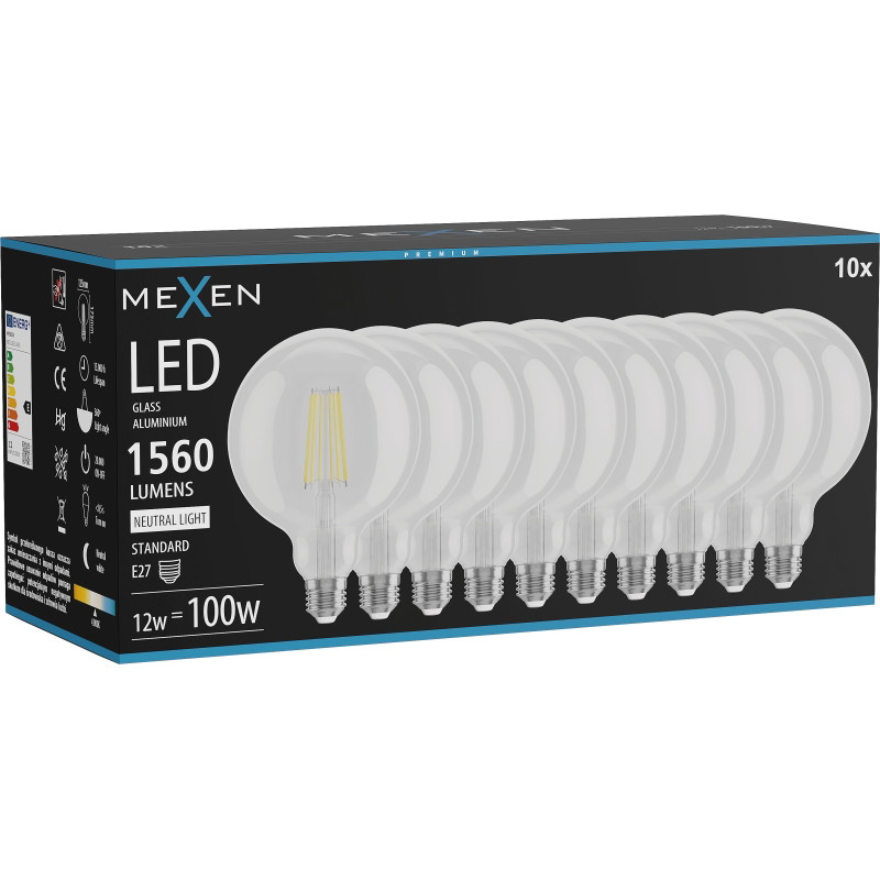 Mexen Vintis 10x LED-Filamentlampe E27, G125, 12W, Neutral - 4000K, 1560 lm, klar - L158-E27-1240-00x10
