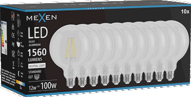 Mexen Vintis 10x LED-Filamentlampe E27, G125, 12W, Neutral - 4000K, 1560 lm, klar - L158-E27-1240-00x10