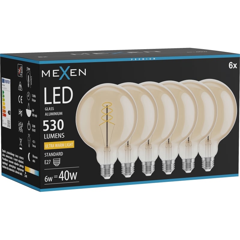 Mexen Vintis 6x Filament-Glühbirne Spirale LED E27, G125, 6W, Warm - 2200K, 530 lm, Bernstein - L168-E27-0622-50x06