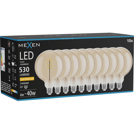 Mexen Vintis 10x Glühbirne Filament Spirale LED E27, G125, 6W, Warm - 2200K, 530 lm, amber - L168-E27-0622-50x10