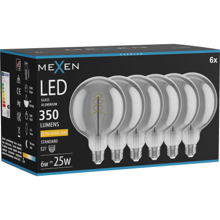 Mexen Vintis 6x Filament-Glühbirne Spirale LED E27, G125, 6W, Warm - 2200K, 350 lm, Rauch - L168-E27-0622-70x06
