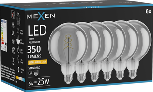Mexen Vintis 6x Filament-Glühbirne Spirale LED E27, G125, 6W, Warm - 2200K, 350 lm, Rauch - L168-E27-0622-70x06