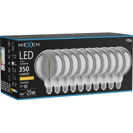 Mexen Vintis 10x LED-Filament-Spirale Glühbirne E27, G125, 6W, Warm - 2200K, 350 lm, Rauch - L168-E27-0622-70x10