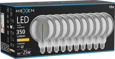 Mexen Vintis 10x LED-Filament-Spirale Glühbirne E27, G125, 6W, Warm - 2200K, 350 lm, Rauch - L168-E27-0622-70x10