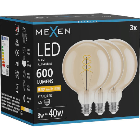 Mexen Vintis 3x LED Filament Glühlampe Spirale E27, G125, 8W, Warm - 2200K, 600 lm, amber - L168-E27-0822-50x03