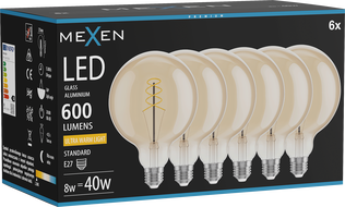 Mexen Vintis 6x LED-Filament-Spiralbirne E27, G125, 8W, Warm - 2200K, 600 lm, Bernstein - L168-E27-0822-50x06