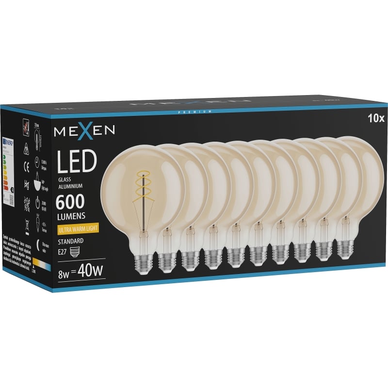 Mexen Vintis 10x LED-Filament-Glühbirne Spiral E27, G125, 8W, Warm - 2200K, 600 lm, Bernstein - L168-E27-0822-50x10
