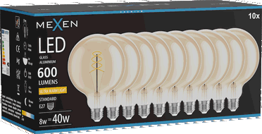 Mexen Vintis 10x LED-Filament-Glühbirne Spiral E27, G125, 8W, Warm - 2200K, 600 lm, Bernstein - L168-E27-0822-50x10