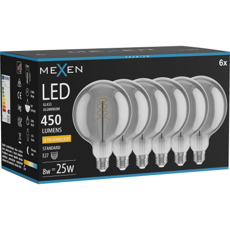 Mexen Vintis 6x LED-Glühbirne Filament Spirale E27, G125, 8W, Warm - 2200K, 450 lm, Rauch - L168-E27-0822-70x06
